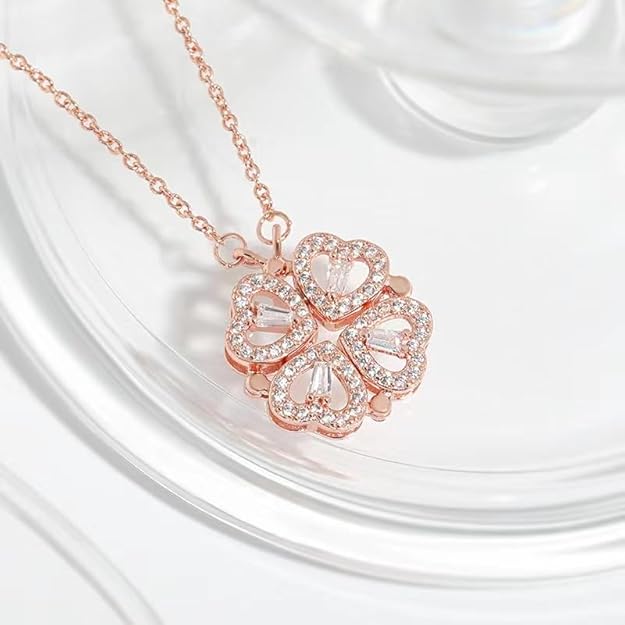 Golden Rose Four Leaf Clover Necklace -  Heart Pendant