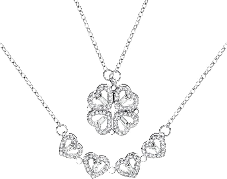 Silver Four Leaf Clover Necklace - Heart Pendant