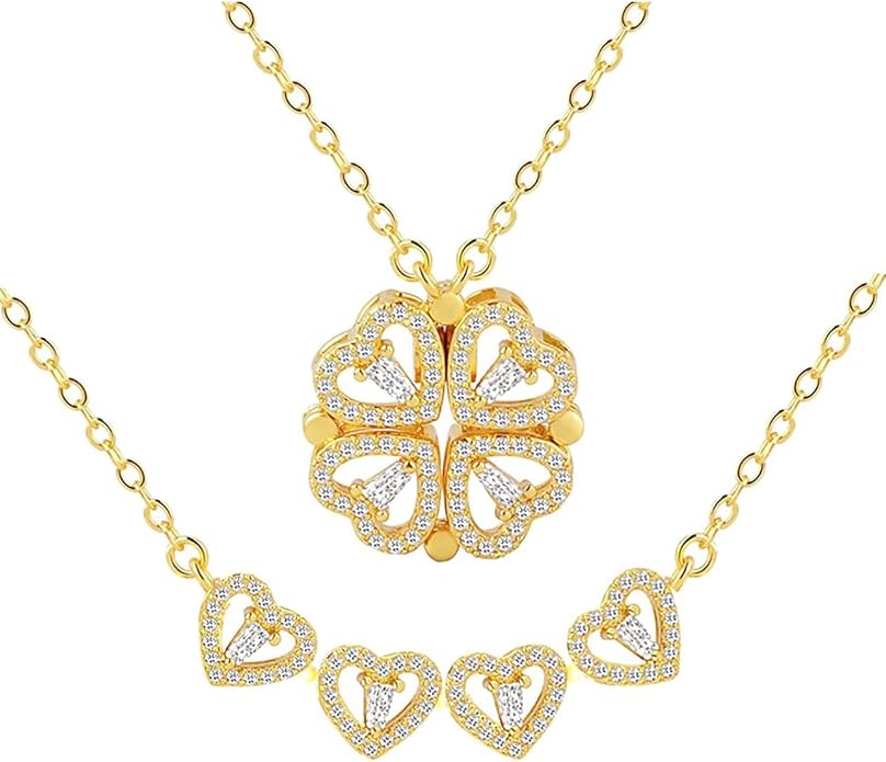 Gold Four Leaf Clover Necklace- Heart Pendant