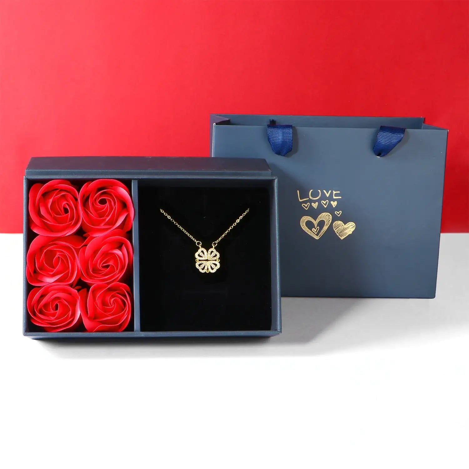 Golden Rose Four Leaf Clover Necklace -  Heart Pendant