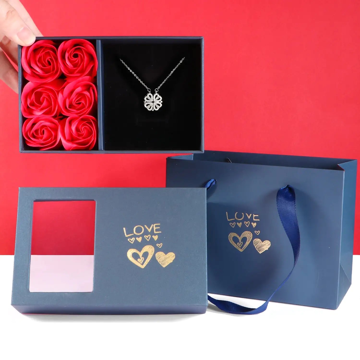 Golden Rose Four Leaf Clover Necklace -  Heart Pendant